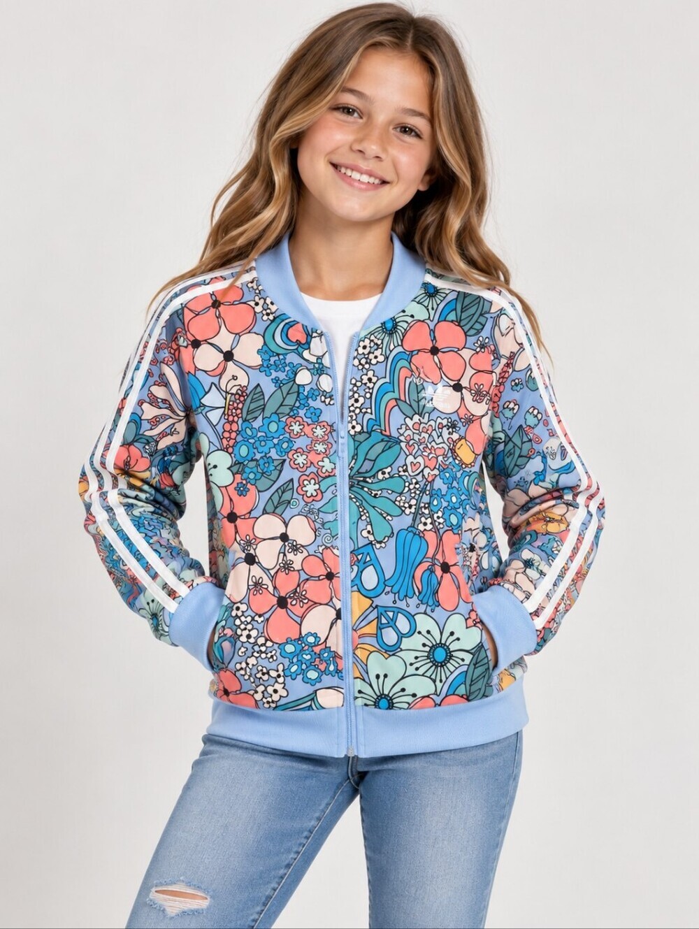 Adidas Big Girls All Over Print Tricot Jacket Floral Baby Blue Size Large L (14)